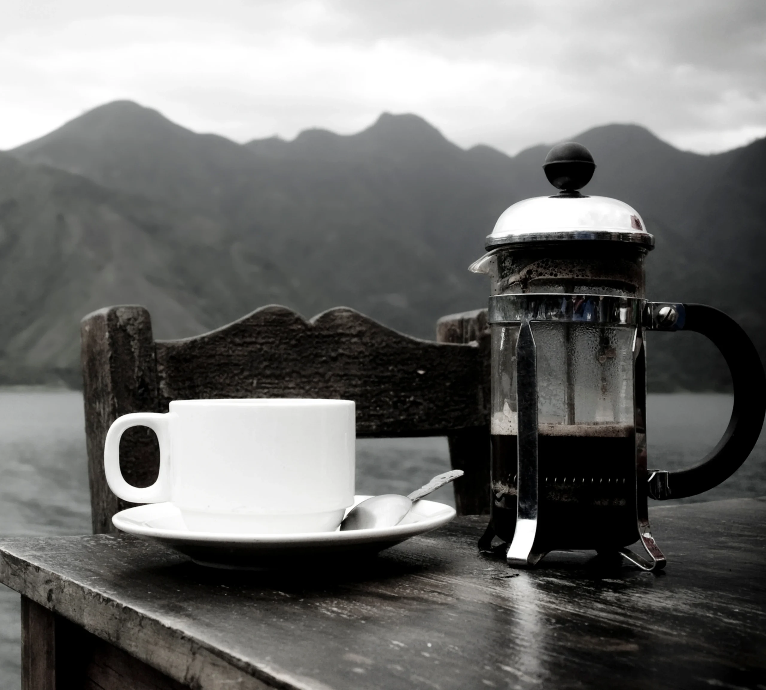 French press brewer with a cup of coffee